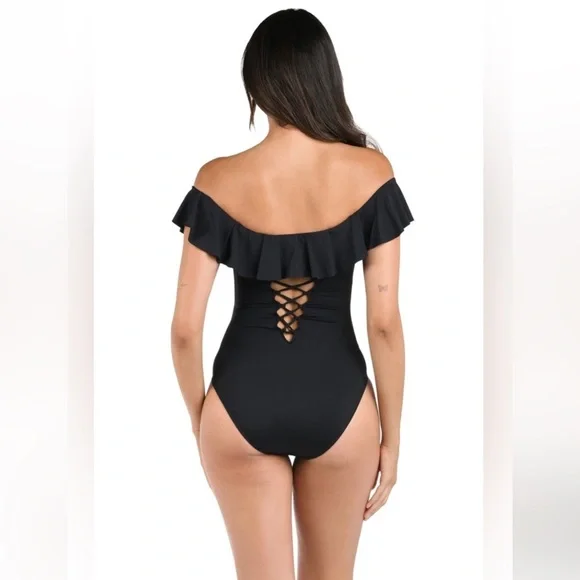 NWT La Blanca Island Goddess Black Off the Shoulder One Piece Swimsuit Size 8 - Picture 15 of 16